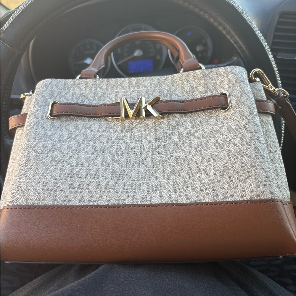 Michael Kors Tan and Cream Satchel with Gold Logo